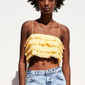 Zara Canary Tulle Tiered Ruffle Crop Top XS